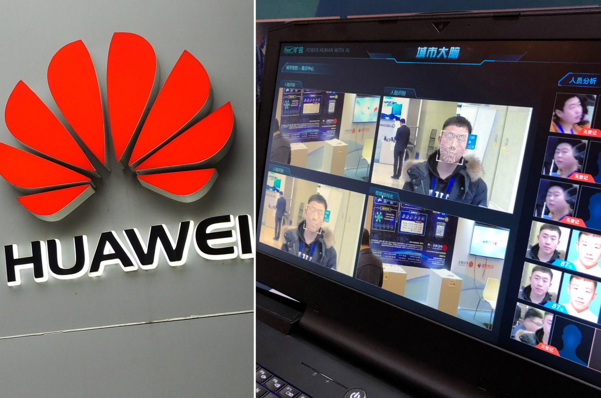 On the left is the Huawei logo. On the right is Megvii Face++ software that was displayed during an expo.